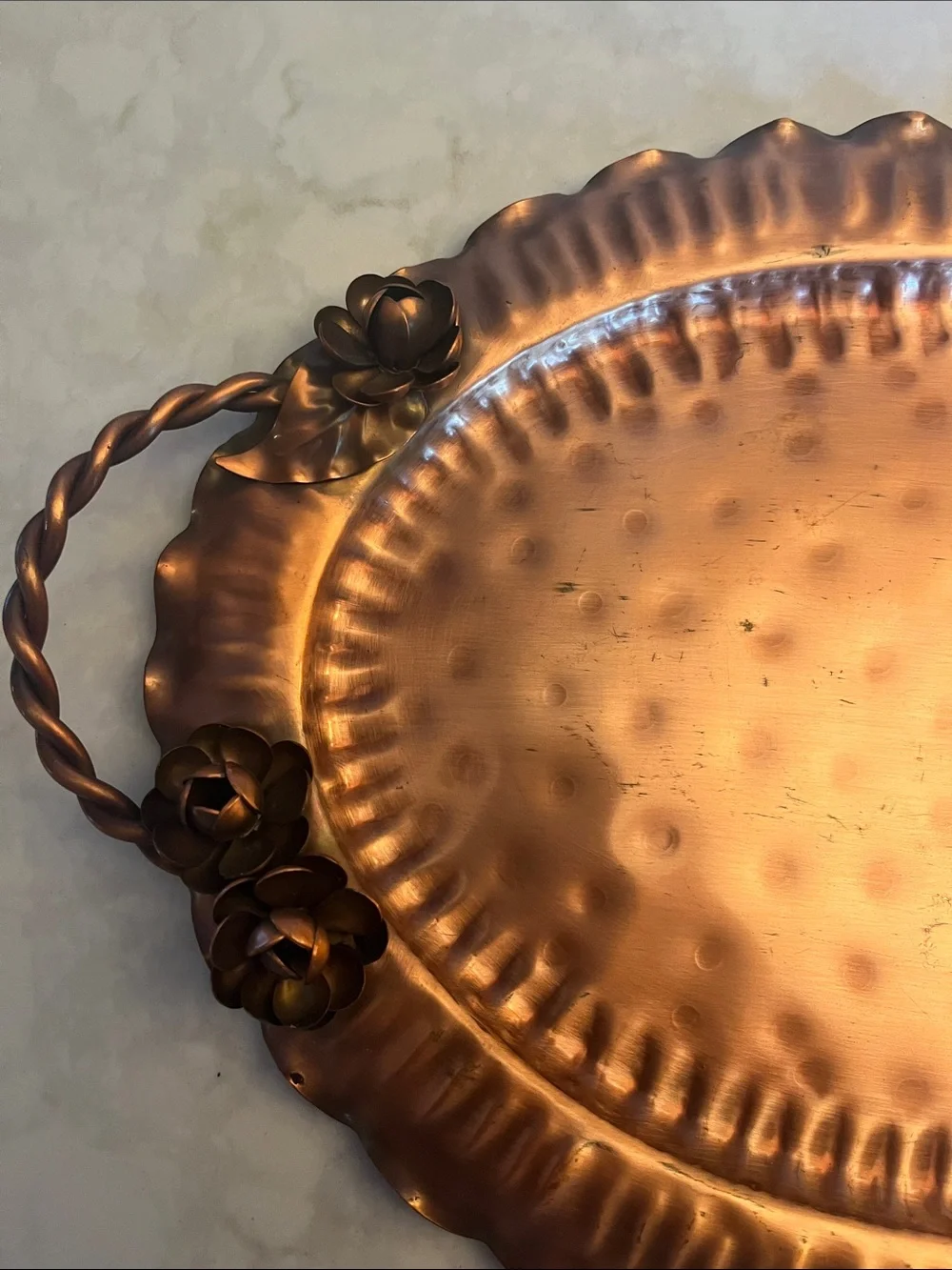 Vintage Gregorian Copper Tray platter with copper roses twisted handles #907